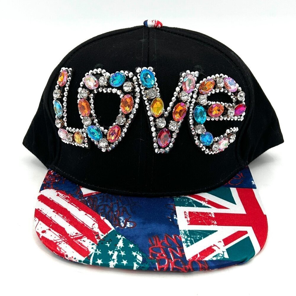NWOT Gag Gift Womens Black Colorful Love British Flag Beaded Adjustable Back Hat